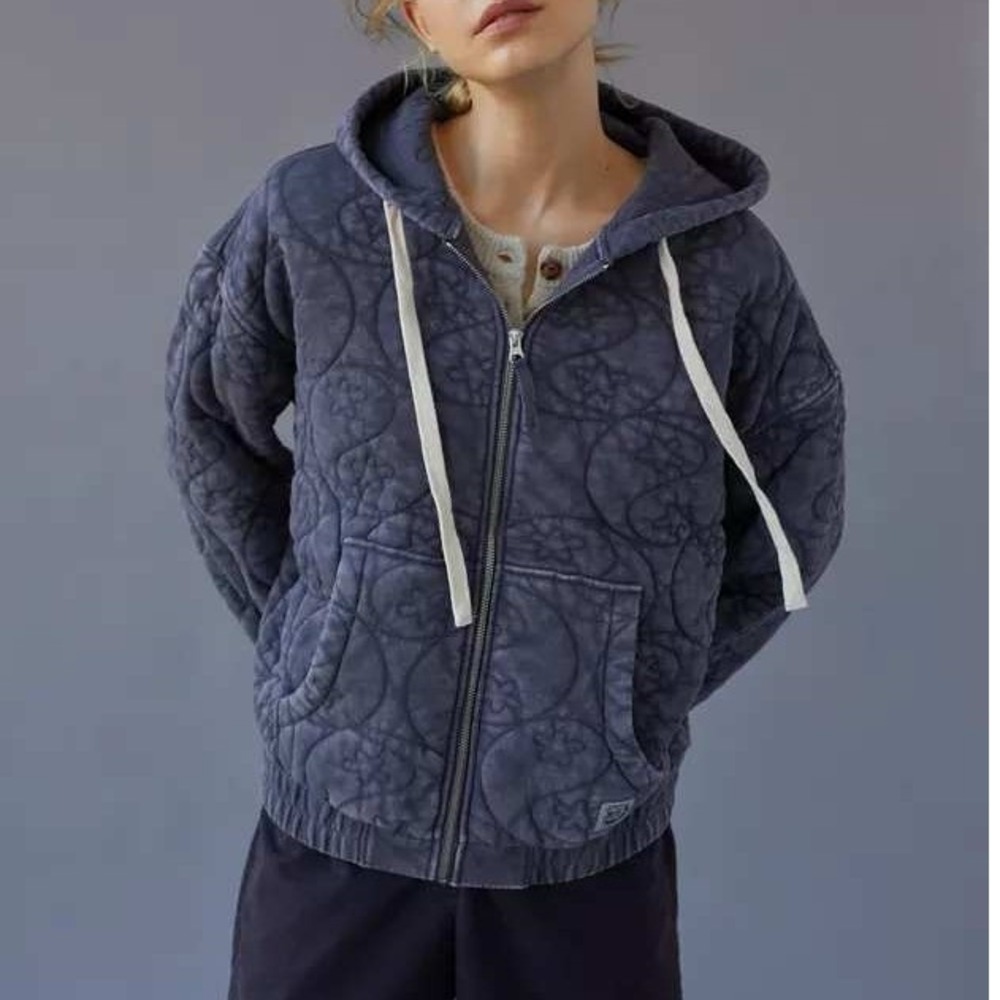 BDG Urban Outfitters Quilted Blue Zip Up Embroidered Hoodie Sweatshirt